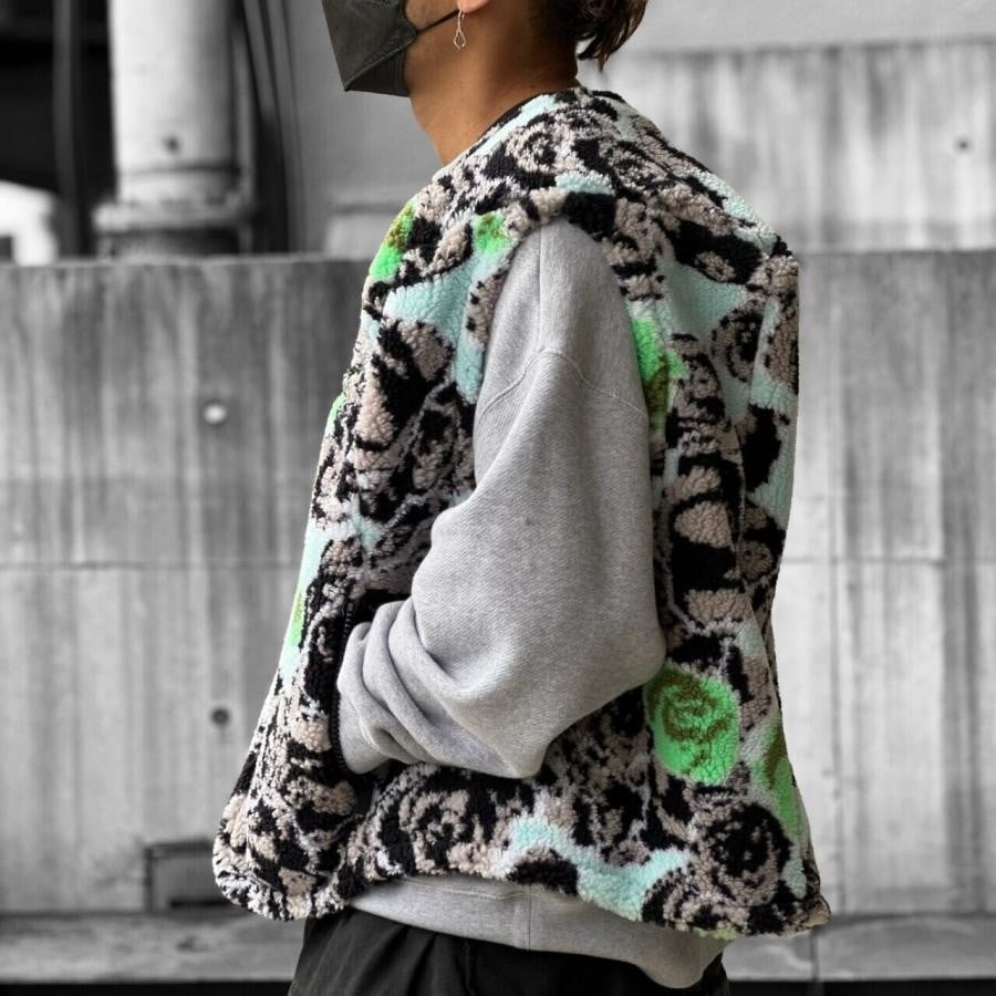【NATASHA ZINKO】PIXEL ROSES PRINT FLEECE FUR VEST(BLUE) BLUE XXS