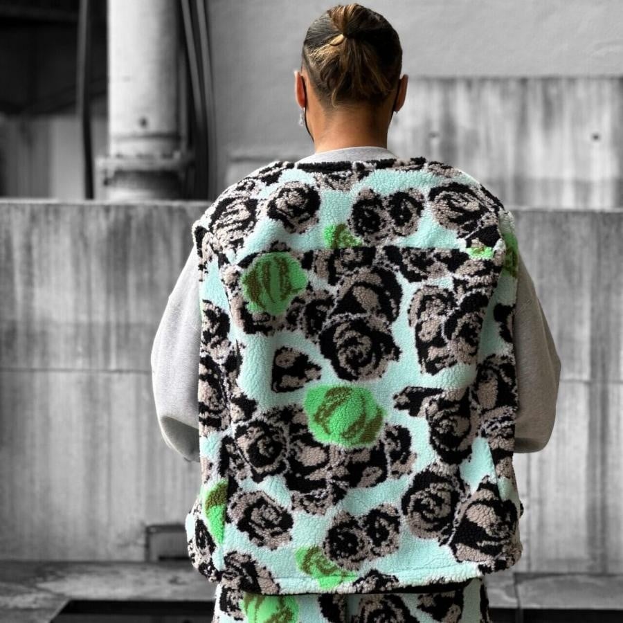 【NATASHA ZINKO】PIXEL ROSES PRINT FLEECE FUR VEST(BLUE) BLUE XS