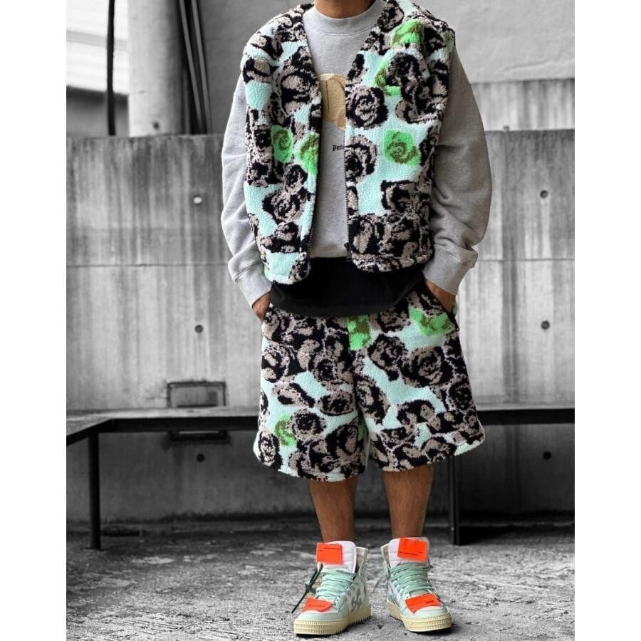 【NATASHA ZINKO】PIXEL ROSES PRINT FLEECE FUR VEST(BLUE) BLUE XS