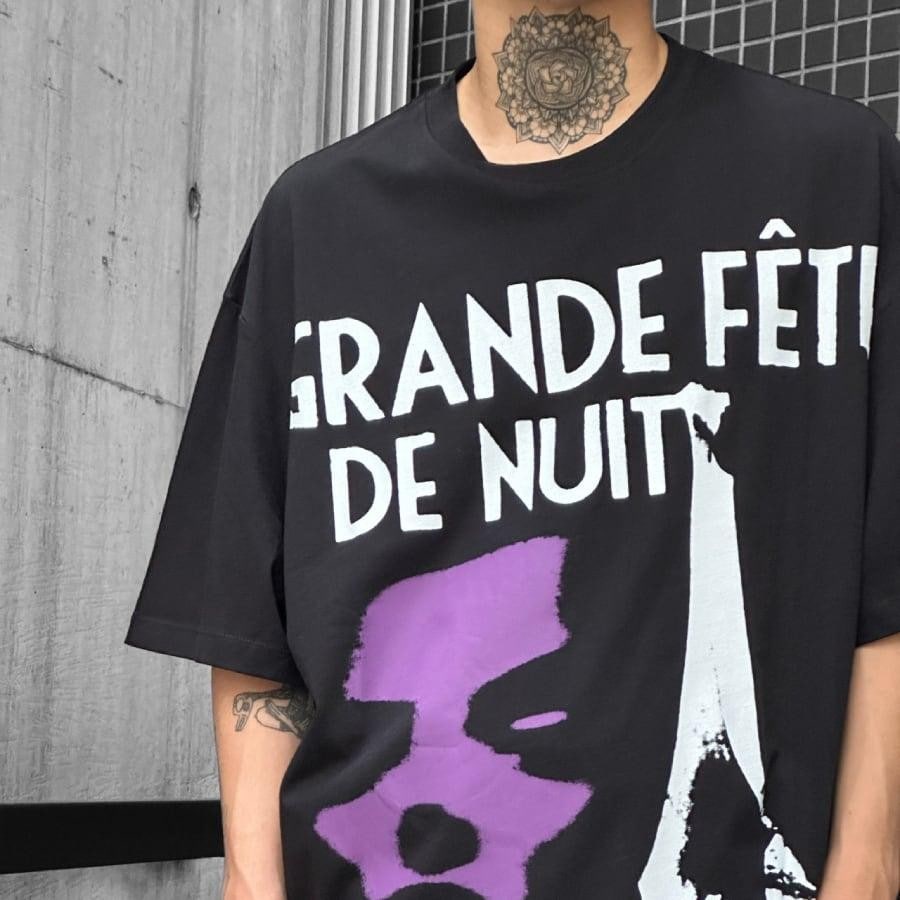 【RAF SIMONS】Oversized T-shirt cut out Grand Fete de Nuit(BLACK) BLACK L