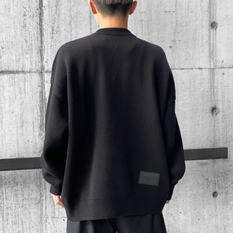 WE11DONE】BLACK SQUARE LOGO JACQUARD KNIT PULLOVER (BLACK)(L BLACK