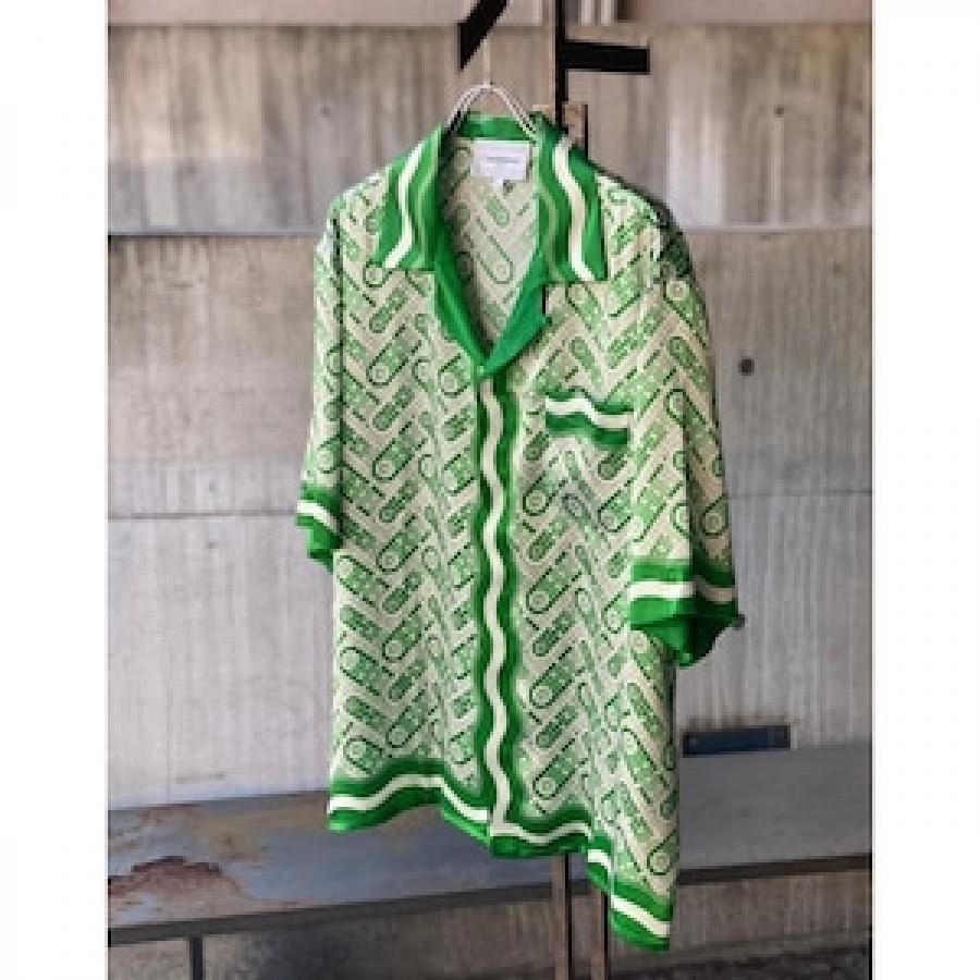 CASABLANCA/Cuban Collar Short Sleeve Shirt/GREEN GREEN XL