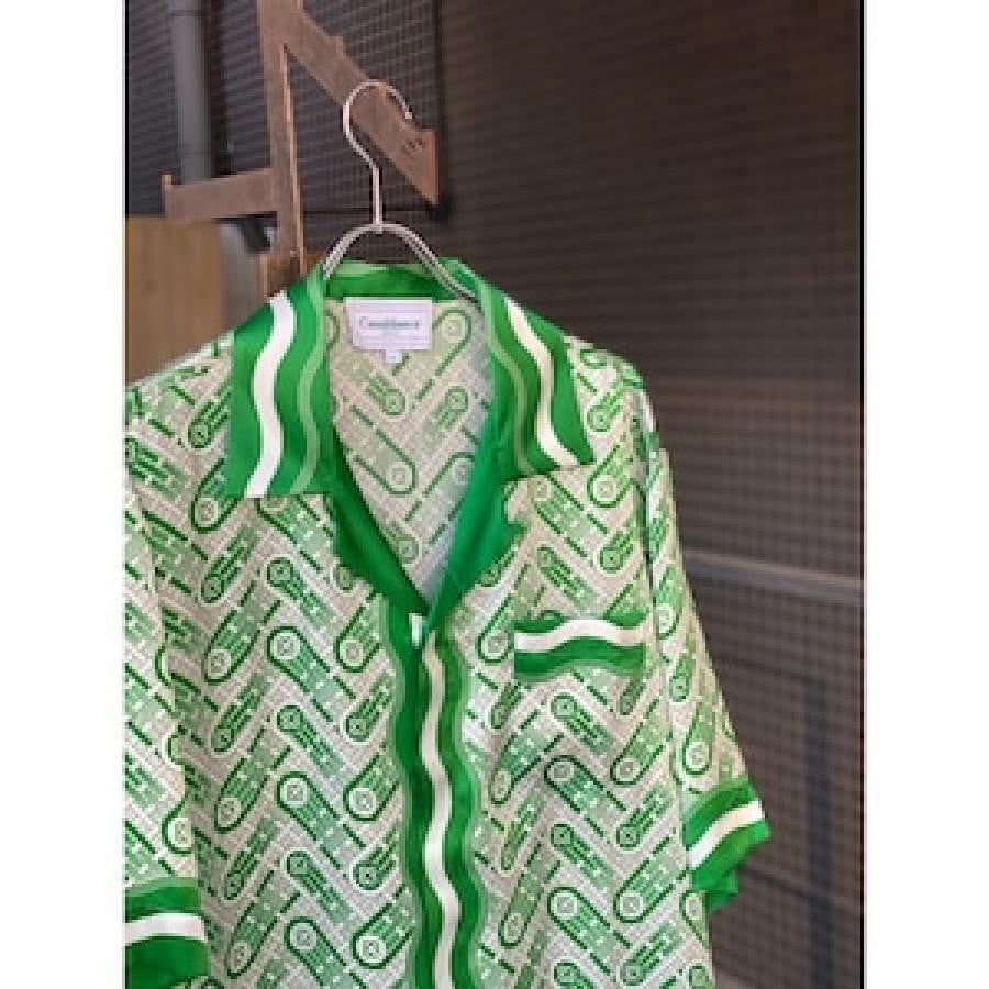 CASABLANCA/Cuban Collar Short Sleeve Shirt/GREEN GREEN XL